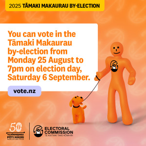 A social tile featuring Orange Guy and Pup, and the words You can vote in the Tāmaki Makaurau by-election from Monday 25 August to 7pm on election day, Saturday 6 September