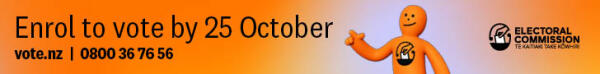 An email signature from the Electoral Commission asking people to Enrol to vote by 25 October at vote.nz. The poster features Orange Guy in a park holding Pup and waving with his other hand, and the Electoral Commission logo.