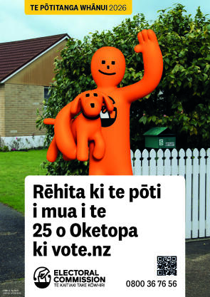 A poster in te reo Māori from the Electoral Commission asking people to Enrol to vote by 25 October at vote.nz. The poster features Orange Guy holding Pup and waving with his other hand, and the Electoral Commission logo.