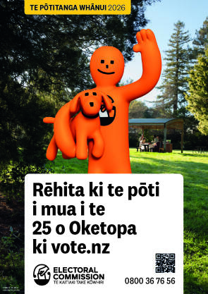 A poster in te reo Māori from the Electoral Commission asking people to Enrol to vote by 25 October at vote.nz. The poster features Orange Guy in a park holding Pup and waving with his other hand, and the Electoral Commission logo.