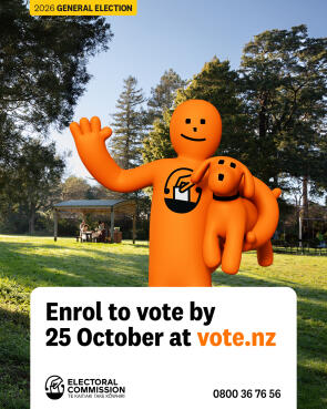A social tile from the Electoral Commission asking people to Enrol to vote by 25 October at vote.nz. The poster features Orange Guy in a park holding Pup and waving with his other hand, and the Electoral Commission logo.