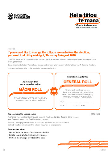 An example of the Māori Electoral Option letter, showing that the recipient is currently on the Māori roll and offering them the opportunity to change to the general roll if they wish.