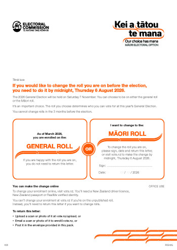 An example of the Māori Electoral Option letter, showing that the recipient is currently on the general roll and offering them the opportunity to change to the Māori roll if they wish.