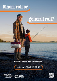 A poster about the Māori Electoral Option, with an image of an older man and a young boy fishing off a beach, and the text Māori roll or general roll? Breathe mana into your choice.