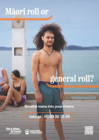 A poster about the Māori Electoral Option, with an image of a young man standing on a wharf, and the text Māori roll or general roll? Breathe mana into your choice.