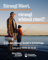 A social tile about the Māori Electoral Option, featuring a picture of a man and a young boy fishing on a beach
