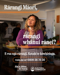 A social tile about the Māori Electoral Option, featuring a woman in a wharekai