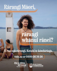 A social tile about the Māori Electoral Option, featuring a young man on a wharf