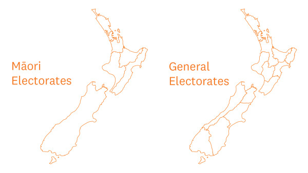 Two maps of Aotearoa New Zealand, showing the 7 Māori electorates and the 65 general electorates